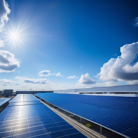 A bright blue sky with fluffy white clouds, a large commercial building with a sleek, modern design, and a rooftop covered in shiny, black solar panels at a slight angle, reflecting sunlight.