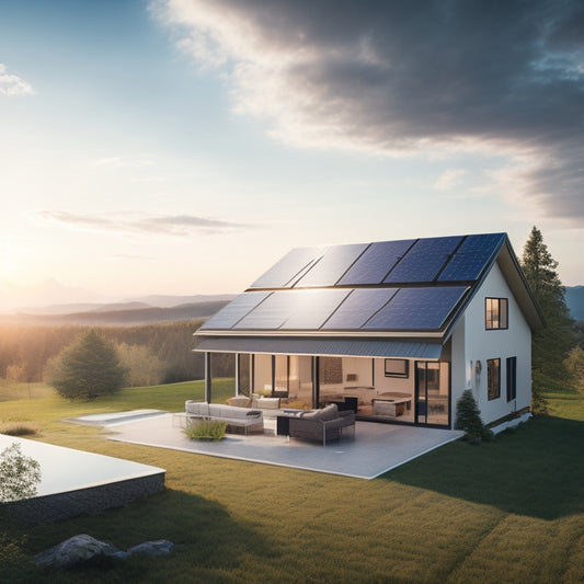 A serene landscape with a modern home in the background, featuring a mix of crystalline and thin-film solar panels on the roof, with a subtle sunburst and a few fluffy white clouds.
