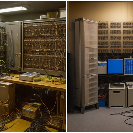 A split-screen image featuring a cluttered server room with tangled cables and loose equipment on the left, and a tidy, well-organized server room with neatly mounted equipment and cables on the right.