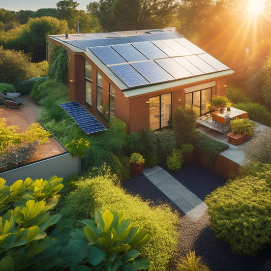 A sunlit rooftop adorned with solar panels, surrounded by lush greenery, a vibrant garden, and an eco-friendly home featuring large windows, emphasizing sustainability and harmony with nature.