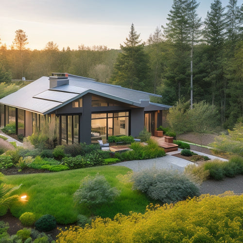 A serene eco-friendly home surrounded by lush greenery, featuring solar panels, a green roof, large windows for natural light, rainwater collection systems, and a vegetable garden, all harmoniously integrated into a natural landscape.