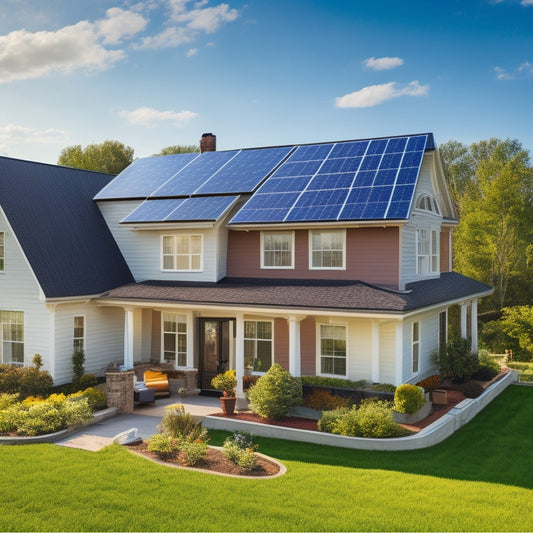 A serene suburban home with three distinct rooftops, each featuring a different solar panel brand, surrounded by lush greenery and a bright blue sky with a few white, puffy clouds.
