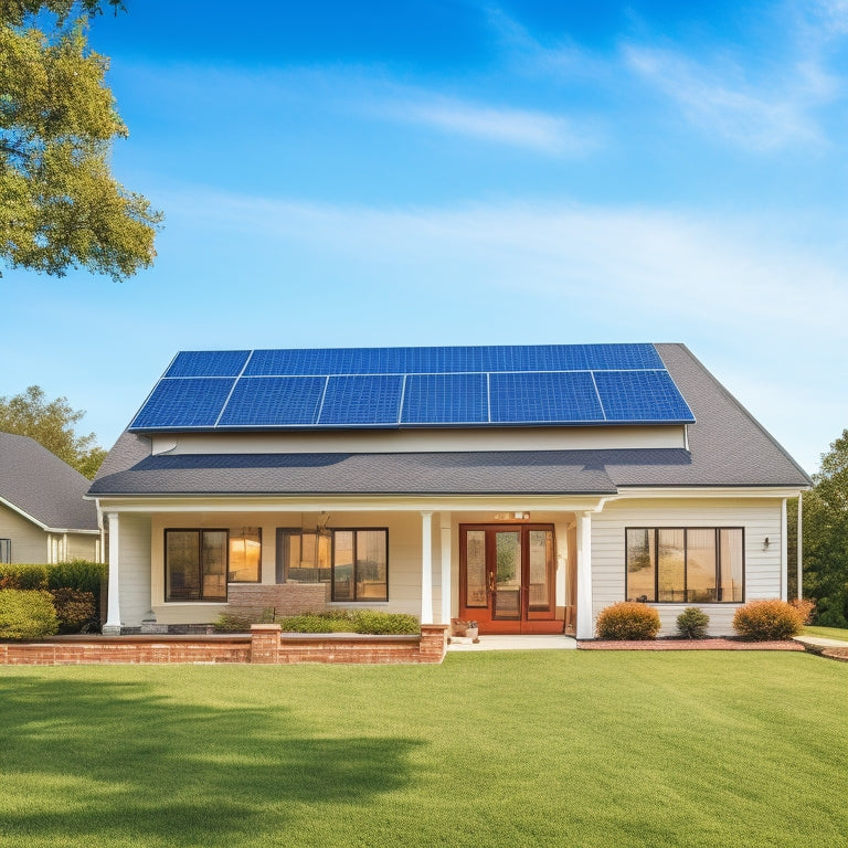 A serene suburban home with a sloping roof, partially covered in a mix of 10 different solar panel kits, each with varying sizes, shapes, and configurations, amidst a bright blue sky with fluffy white clouds.