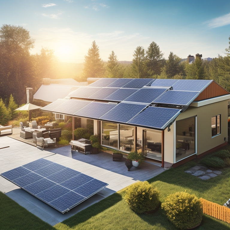 A sunny backyard with three sets of solar panels of different sizes (250W, 300W, 350W) installed on rooftops, with dollar signs and measurement tapes surrounding each set.