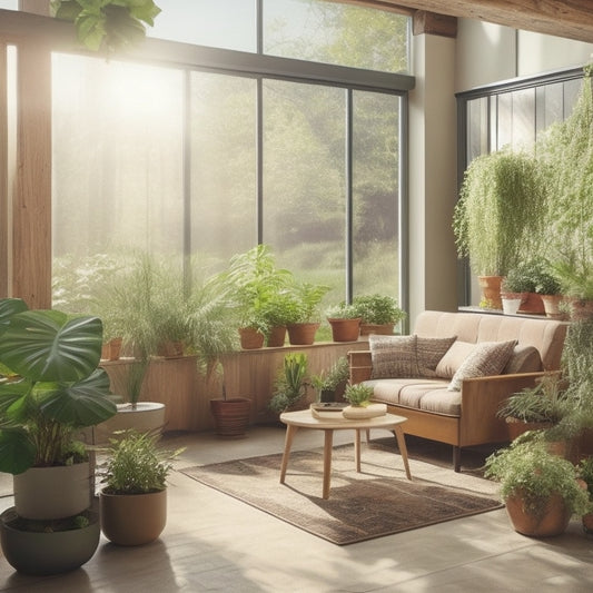 A cozy, sunlit room featuring large windows with energy-efficient shades, lush indoor plants, a solar panel on the roof, and eco-friendly furniture, all surrounded by a vibrant garden showcasing sustainable landscaping.