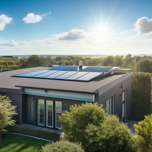 A serene suburban rooftop with sleek, black solar panels installed at a 30-degree angle, surrounded by trimmed greenery, under a bright blue sky with a few wispy white clouds.