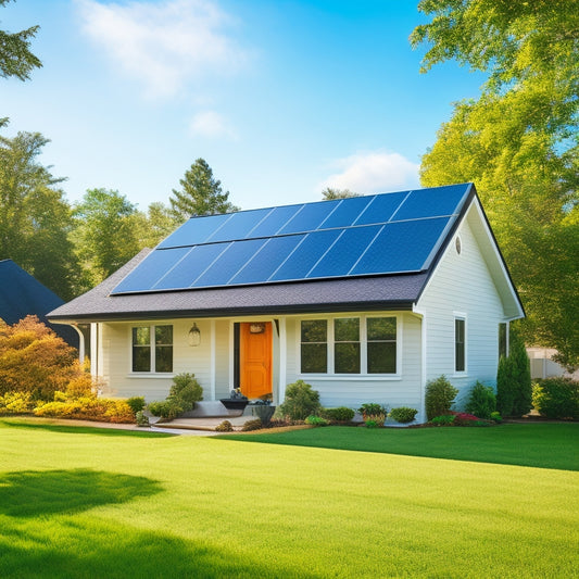 A serene suburban home with a sleek, black solar panel system installed on its roof, surrounded by lush green trees and a bright blue sky with a few puffy white clouds.