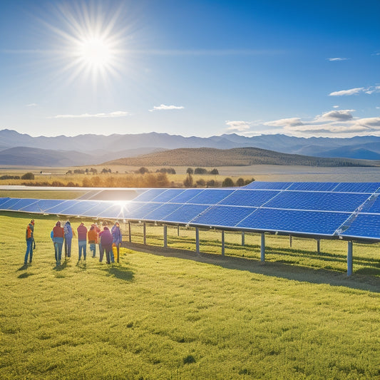 A vibrant solar farm with rows of gleaming solar panels under a clear blue sky, surrounded by green fields and distant mountains, featuring a diverse team of professionals discussing project plans at a large table.