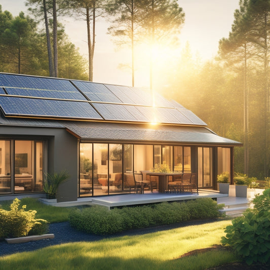 A modern home with solar panels on the roof, sunlight reflecting off the panels, warm golden light streaming through large windows, surrounded by lush greenery, showcasing an efficient solar heating system in action.