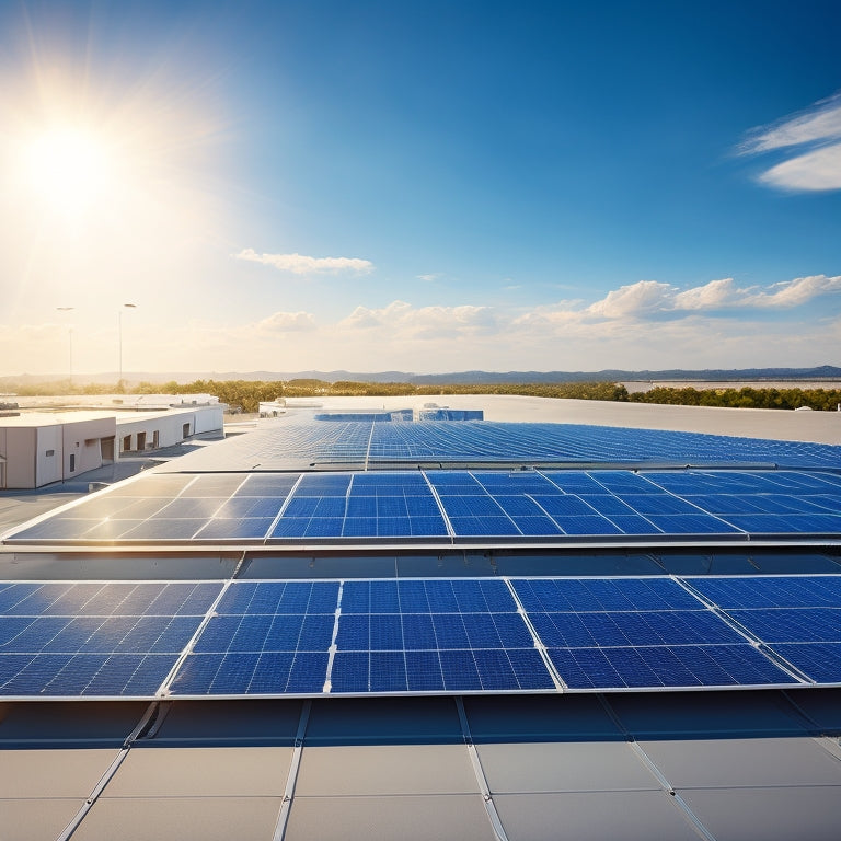 A photorealistic illustration of a commercial rooftop with various solar panels installed, showcasing different brands, sizes, and angles, set against a bright blue sky with a few puffy white clouds.