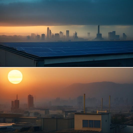 A split-screen image featuring a darkened, cloudy sky with a broken solar panel in the foreground, contrasted with a polluted, smog-filled cityscape with a faint sun in the background.