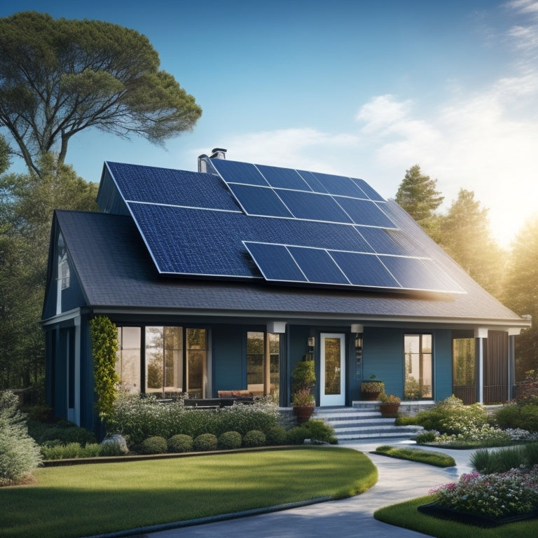 A serene suburban home with a sleek, black solar panel array on the roof, surrounded by lush greenery and a bright blue sky with a few wispy clouds.