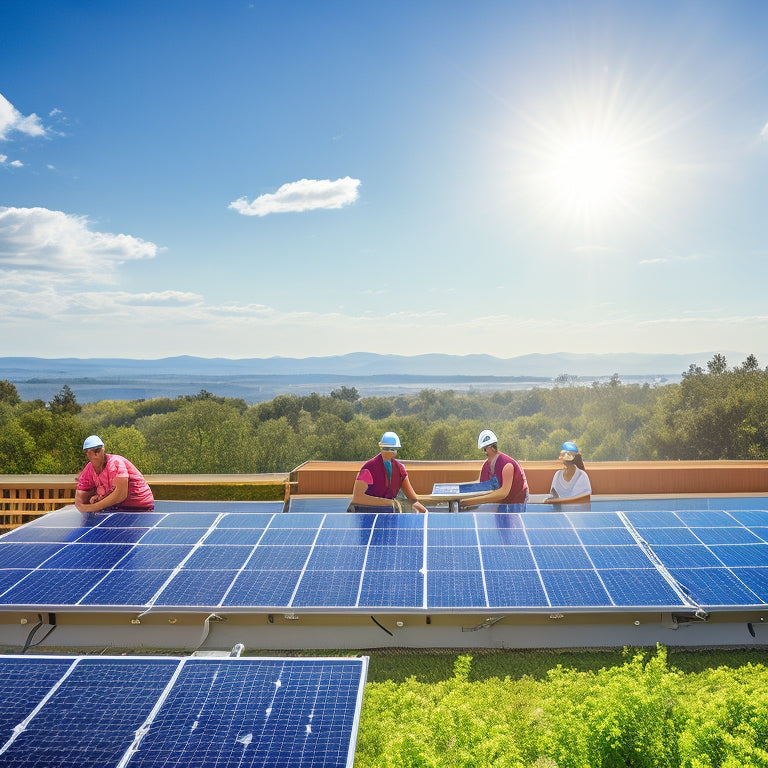 A serene rooftop scene showcasing step-by-step solar panel installation: workers securely mounting panels, tools scattered, bright sunlight illuminating the process, a clear blue sky, and lush greenery in the background.