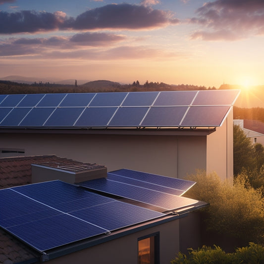 A serene, sun-drenched landscape featuring a modern, sleek solar panel array atop a residential rooftop, with a subtle, glowing aura surrounding the panels, conveying optimal energy harnessing.