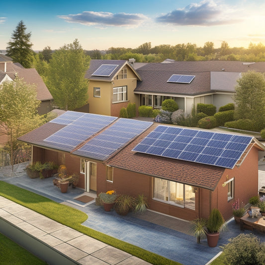 A photorealistic image of a residential rooftop with a partially installed solar panel array, surrounded by scattered tools and materials, with a subtle background of a suburban neighborhood.