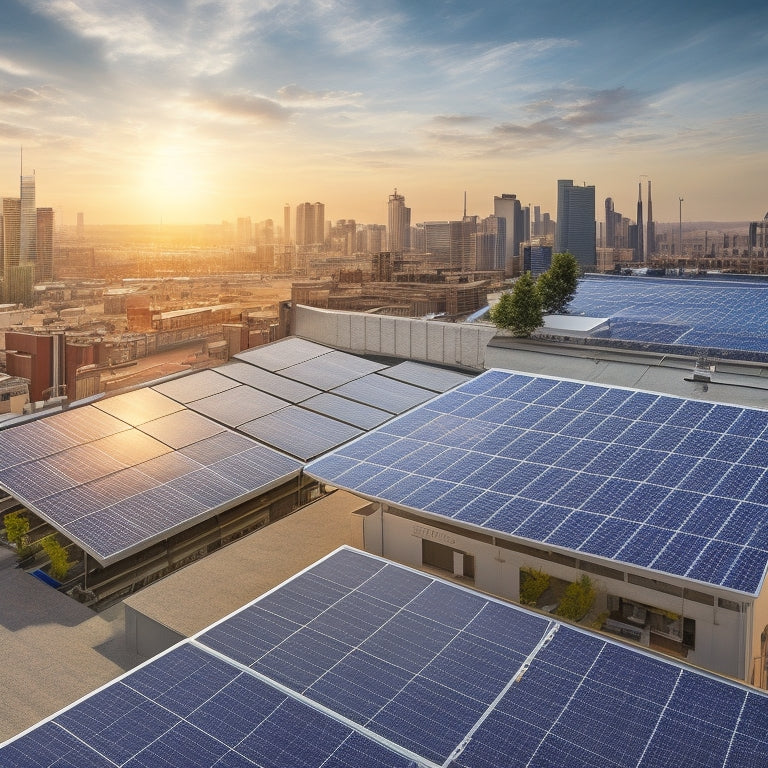 An illustration of a commercial rooftop with a mix of old and new solar panels, surrounded by cityscape and factory buildings, with a subtle grid of lines and arrows connecting the panels to various icons representing technology, labor, and environment.