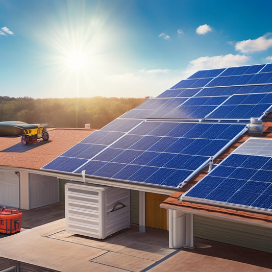 An illustration of a rooftop with partially installed solar panels, a ladder leaning against the roof, and a toolbox in the foreground, with a subtle grid pattern of dollar signs in the background.