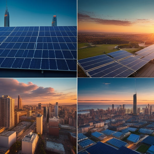 A split-screen image featuring a cityscape with solar panels on rooftops on one side, and a grid of 10 different solar panels with varying sizes, shapes, and mounting systems on the other.