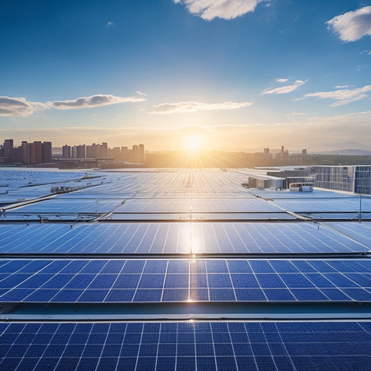 A sprawling commercial rooftop with multiple rows of large, sleek solar panels, angled towards the sun, casting long shadows, surrounded by urban cityscape and blue sky with few white clouds.