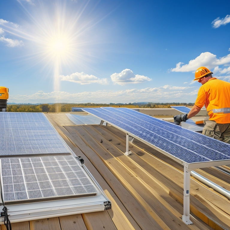 A illustration of a residential rooftop with solar panels installed, with a worker in the background measuring and tightening bolts, surrounded by tools and equipment, against a bright blue sky with fluffy white clouds.