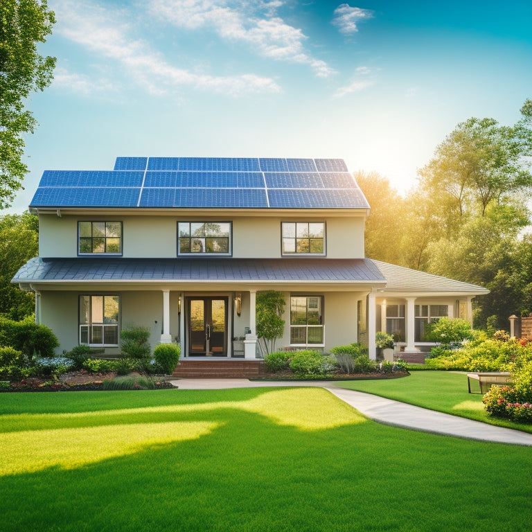 A serene suburban home with a mix of sunny and shaded areas, featuring a prominent solar panel installation on the roof, surrounded by lush greenery and a few fluffy white clouds.