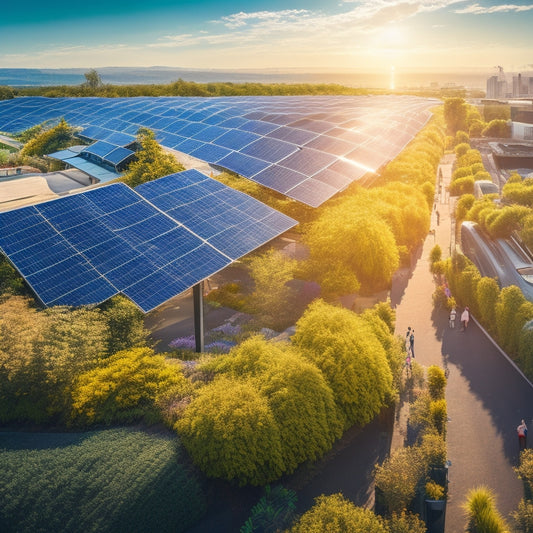 A vibrant urban landscape with solar panels on rooftops, lush green vertical gardens, electric vehicles charging, and people engaging with nature, showcasing a harmonious blend of technology and sustainability under a clear blue sky.