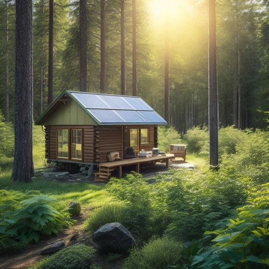 A serene, off-grid cabin surrounded by dense forest, solar panels glistening under the sun. Nearby, a well-stocked emergency kit and a small garden thrive, symbolizing self-sufficiency and preparedness in nature.