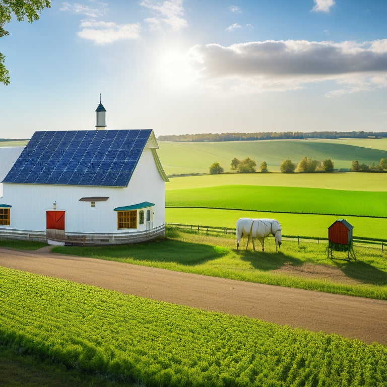 A serene rural landscape with a small farmhouse surrounded by lush green fields, solar panels installed on the barn's roof, and a windmill in the distance, under a bright blue sky with fluffy white clouds.