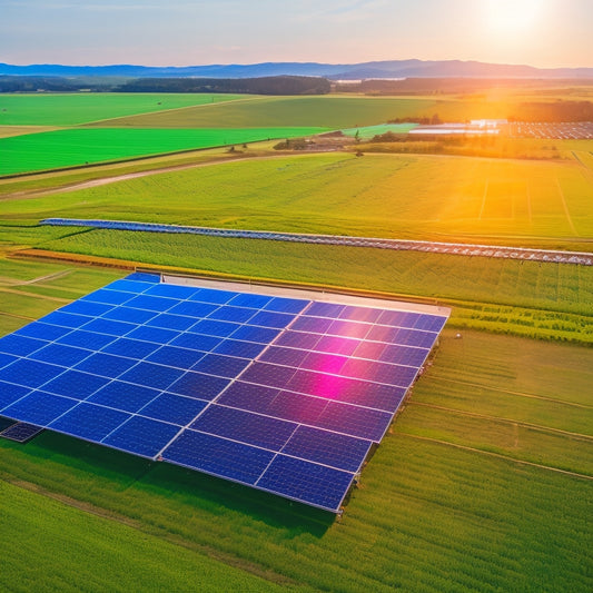 A vibrant solar farm with gleaming panels under a clear blue sky, surrounded by lush green fields, diverse wildlife, and a modern eco-friendly building, showcasing harmony between nature and sustainable business practices.
