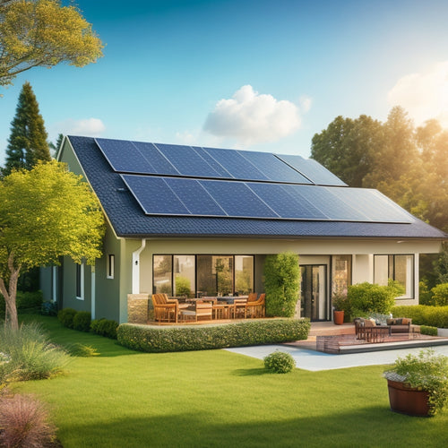 A serene suburban home with a sunny rooftop covered in sleek, black solar panels, surrounded by lush greenery and a bright blue sky with a few puffy white clouds.