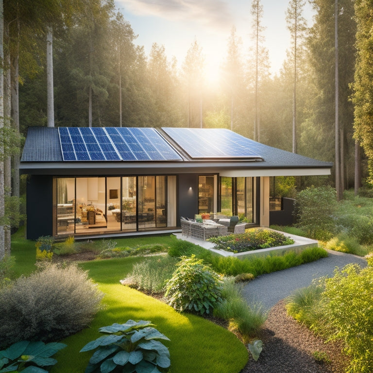 A modern eco-friendly home surrounded by lush greenery, featuring solar panels on the roof, a rainwater harvesting system, and a vegetable garden. Natural light streams through large windows, showcasing energy-efficient appliances inside.