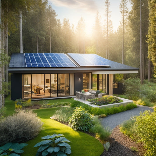 A modern eco-friendly home surrounded by lush greenery, featuring solar panels on the roof, a rainwater harvesting system, and a vegetable garden. Natural light streams through large windows, showcasing energy-efficient appliances inside.