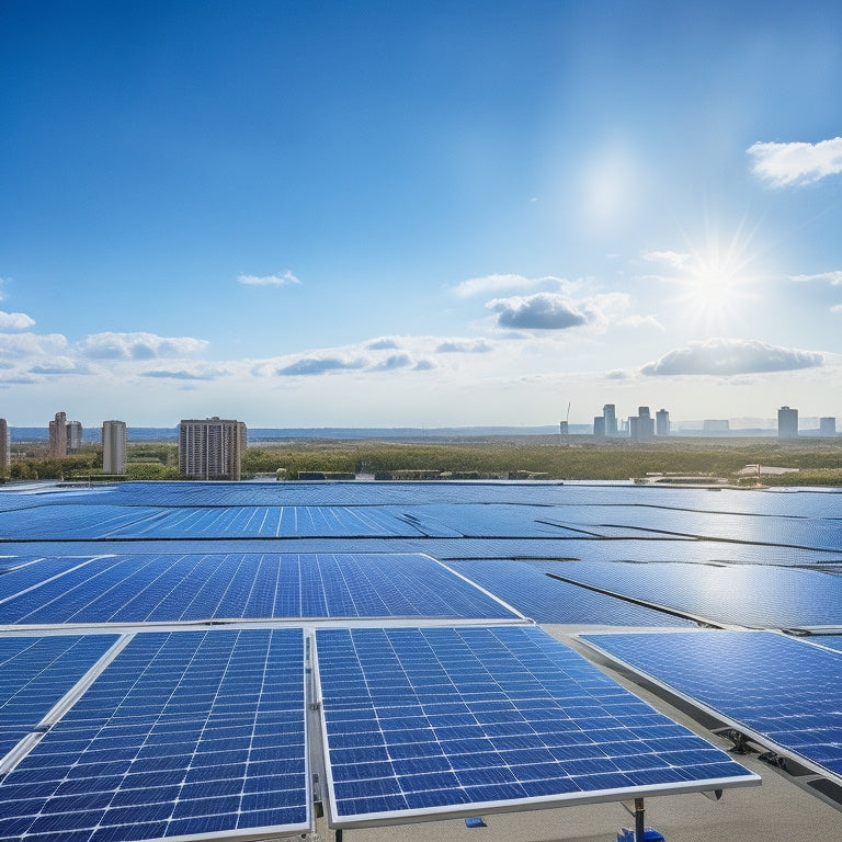 A bright blue sky with a few puffy white clouds, a row of sleek black solar panels installed on a commercial building's rooftop, with a subtle cityscape in the background.