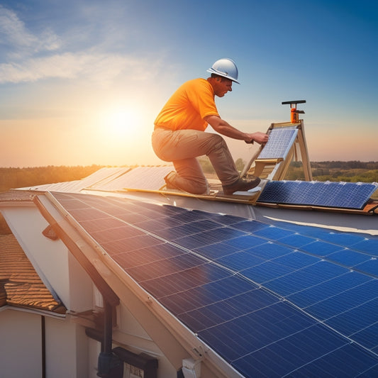 An illustration of a person on a ladder, inspecting a roof with a measuring tape, surrounded by solar panels, roof vents, and a utility meter, with a subtle background of a sunny sky.