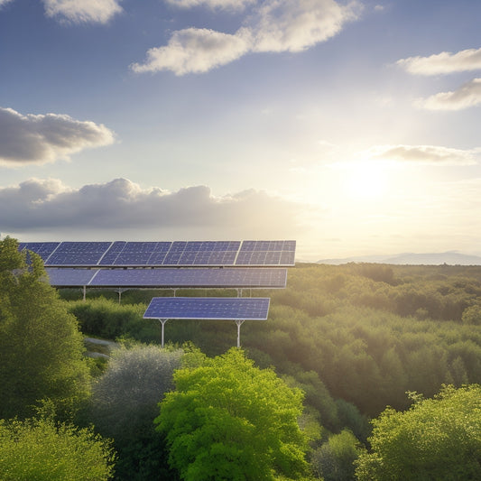 A serene landscape with a modern, sleek, and silver solar panel array installed on a rooftop, surrounded by lush greenery and a clear blue sky with a few wispy clouds.