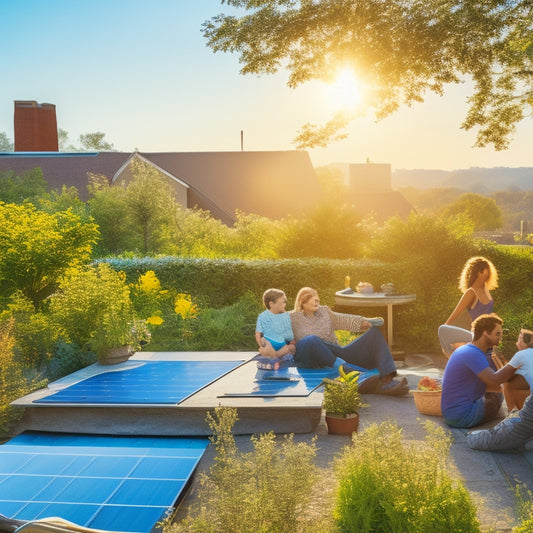 A sunlit rooftop adorned with sleek solar panels, casting vibrant reflections. Below, a flourishing garden thrives, and a family enjoys a picnic, surrounded by lush greenery and a clear blue sky.
