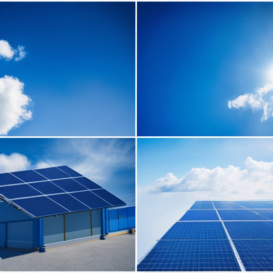 A bright blue sky with fluffy white clouds, a modern rooftop with multiple solar panels from different brands, each with distinct designs and logos, at varying angles and installations.