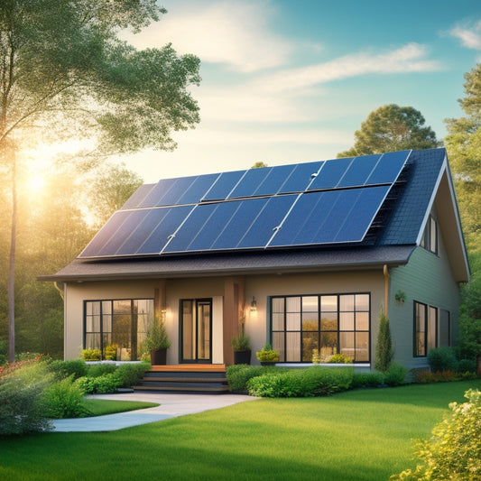 A serene suburban home with a sleek, black solar panel array on the roof, surrounded by lush greenery, with a few panels slightly angled to showcase their adjustable mounting system.