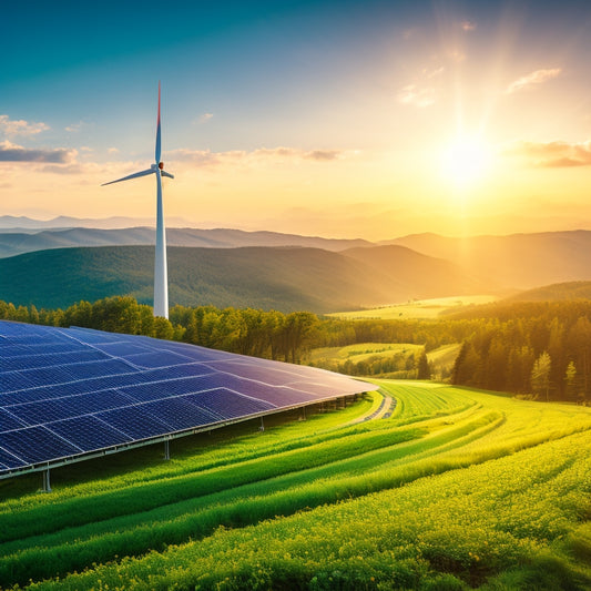 A vibrant landscape featuring solar panels glistening under the sun, wind turbines gracefully spinning atop rolling hills, and a lush green forest in the background, symbolizing sustainable energy solutions for businesses.