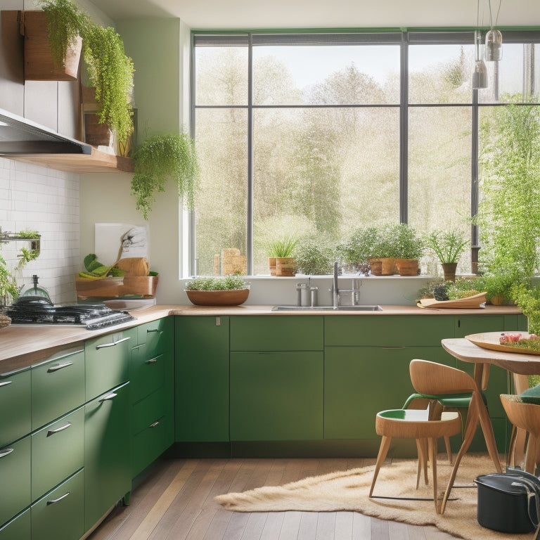 A modern kitchen featuring sleek green appliances, bamboo countertops, vibrant potted herbs, energy-efficient LED lighting, and a stylish compost bin, all harmonizing in a bright, airy space with large windows letting in natural light.