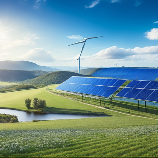 An illustration of a serene, sunny landscape with rolling hills, wind turbines, and rows of sleek, black solar panels, surrounded by lush greenery and a bright blue sky with a few fluffy white clouds.