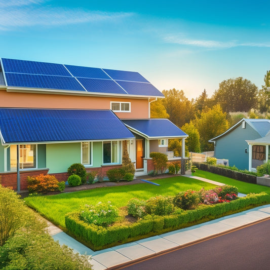 A sunny suburban neighborhood with modern houses, each equipped with sleek solar panels on their rooftops, connected to a central digital dashboard showcasing energy savings and a lush green garden symbolizing eco-friendliness.