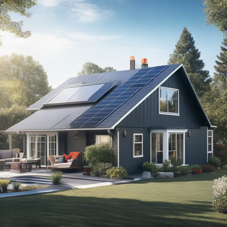 A sunny suburban home with a roof partially covered in sleek, black solar panels, a ladder leaning against the side, and a toolbox open on the lawn.