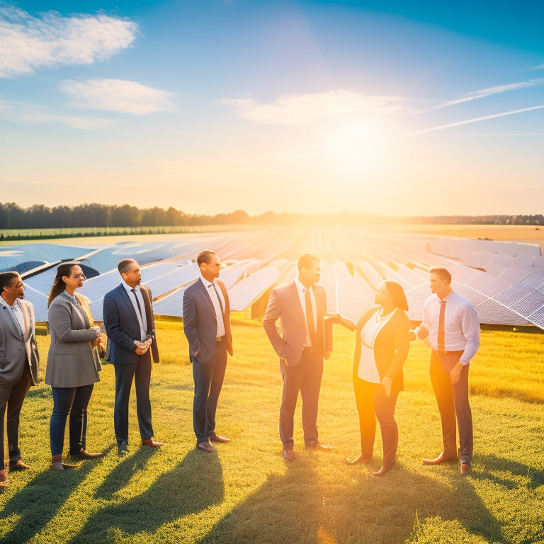 A vibrant solar farm with gleaming panels reflecting sunlight, surrounded by lush green fields. In the foreground, a diverse group of business professionals discusses plans, pointing at a bright sun symbolizing growth and innovation.