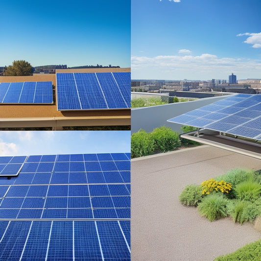 A split-screen image with a sunny rooftop on the left, featuring a neatly installed solar panel array, and a cluttered, shaded rooftop on the right, with solar panels of varying sizes and conditions.