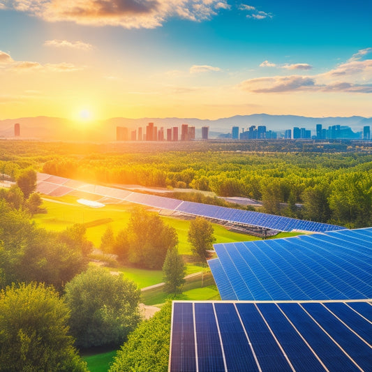 A vibrant landscape featuring solar panels glistening under the sun, with a modern energy storage facility nearby, surrounded by lush greenery. Include clear blue skies and a distant city skyline to imply urban energy use.