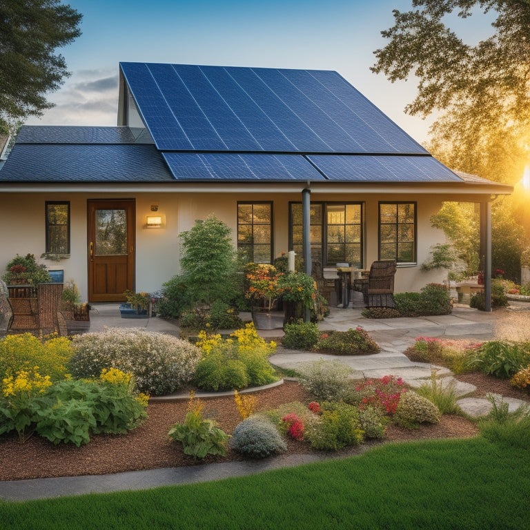 A cozy home surrounded by solar panels, a wind turbine in the yard, lush gardens with rainwater collection systems, and vibrant indoor plants, all bathed in warm sunlight, illustrating sustainable energy independence.