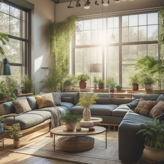 A cozy living room with large windows showcasing solar panels on the roof, energy-efficient appliances, LED bulbs illuminating the space, and lush indoor plants, all bathed in natural sunlight.