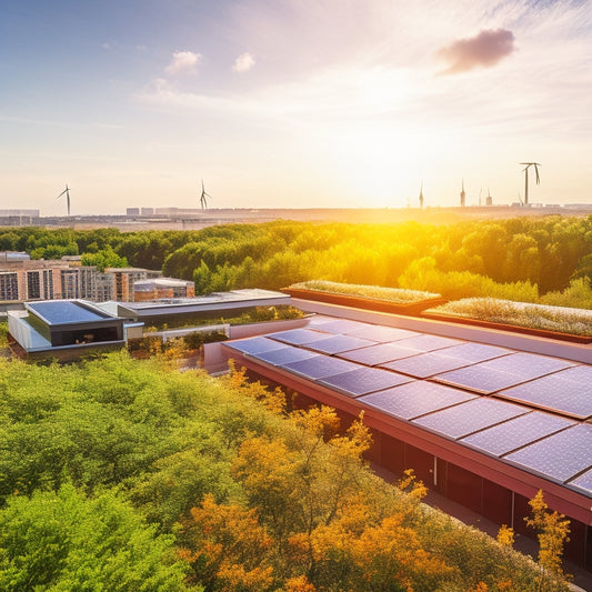 A vibrant rooftop adorned with sleek solar panels, surrounded by lush greenery, with modern buildings and wind turbines in the background, showcasing a harmonious blend of technology and nature in a sustainable urban environment.