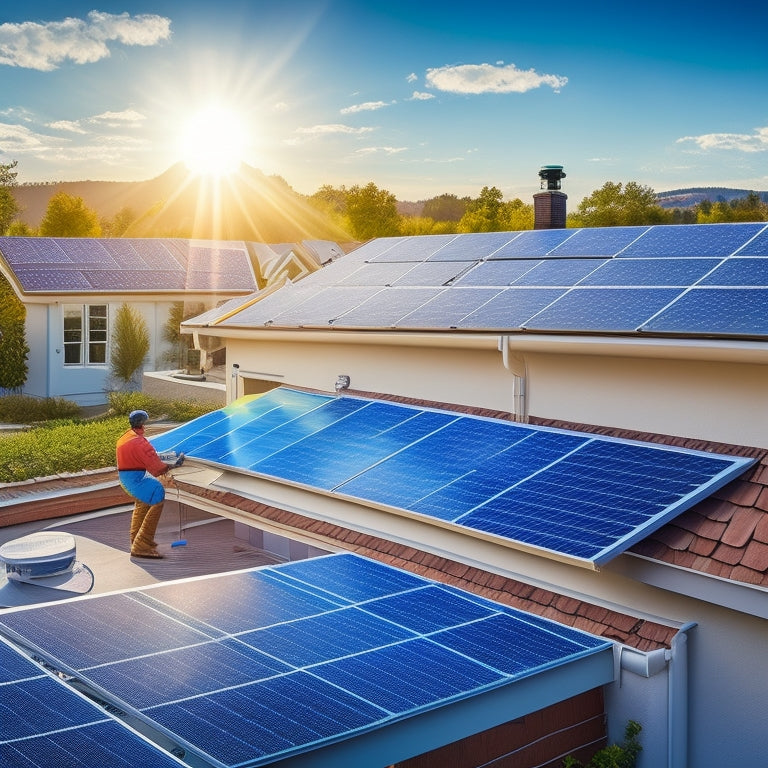 Depict a sunny rooftop with DIY solar panels being installed, contrasting with a nearby house where expensive professional installers work. Highlight affordability and ease with vibrant colors, tools, and happy homeowners.